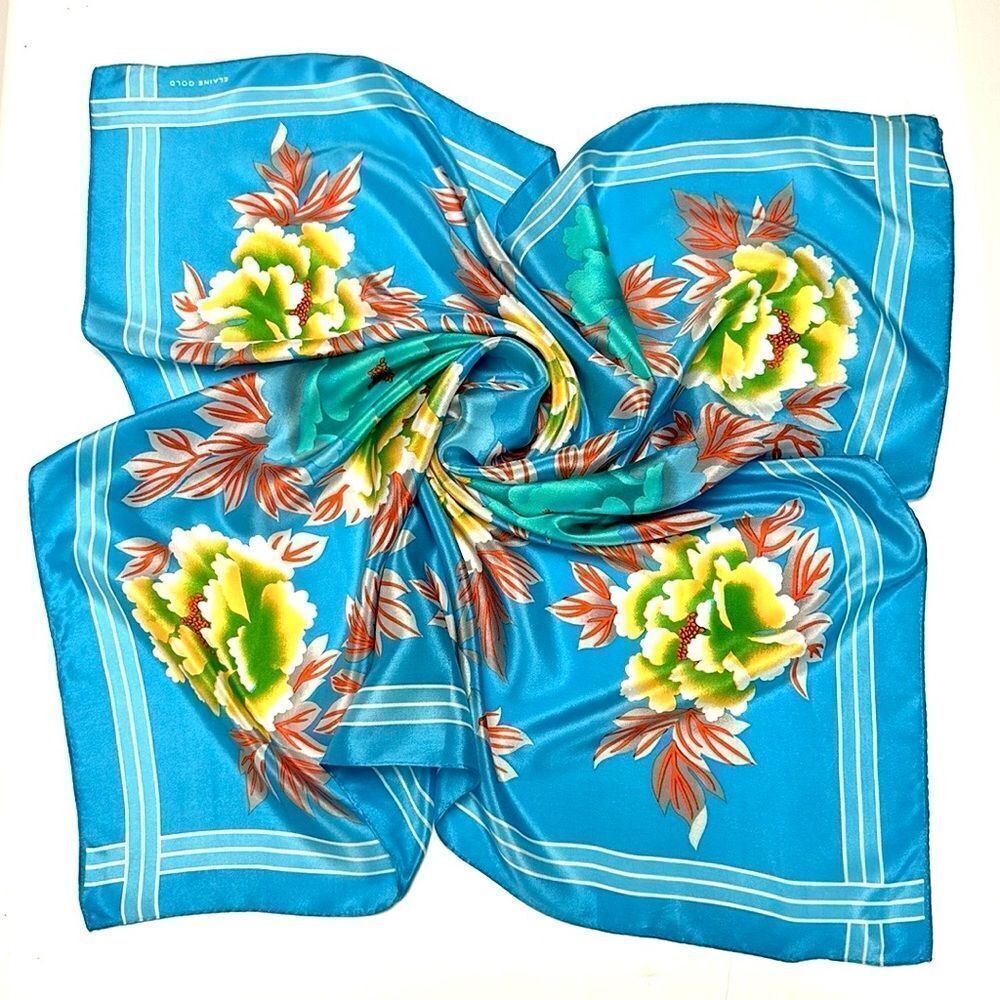 Elaine Gold for Collection XIIX Silk Square Scarf Floral Blue Gold made in Japan